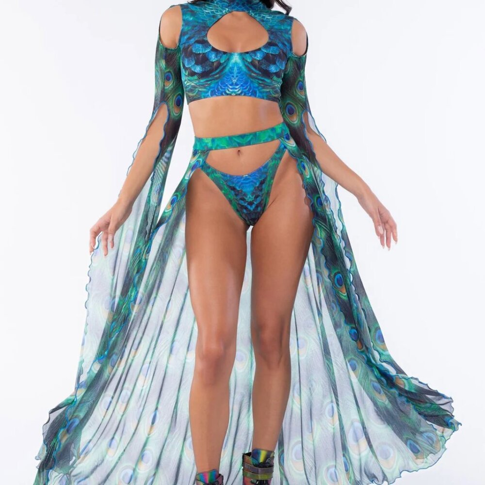 Peacock Print Cutout Crop Top & High-Cut Bikini Set